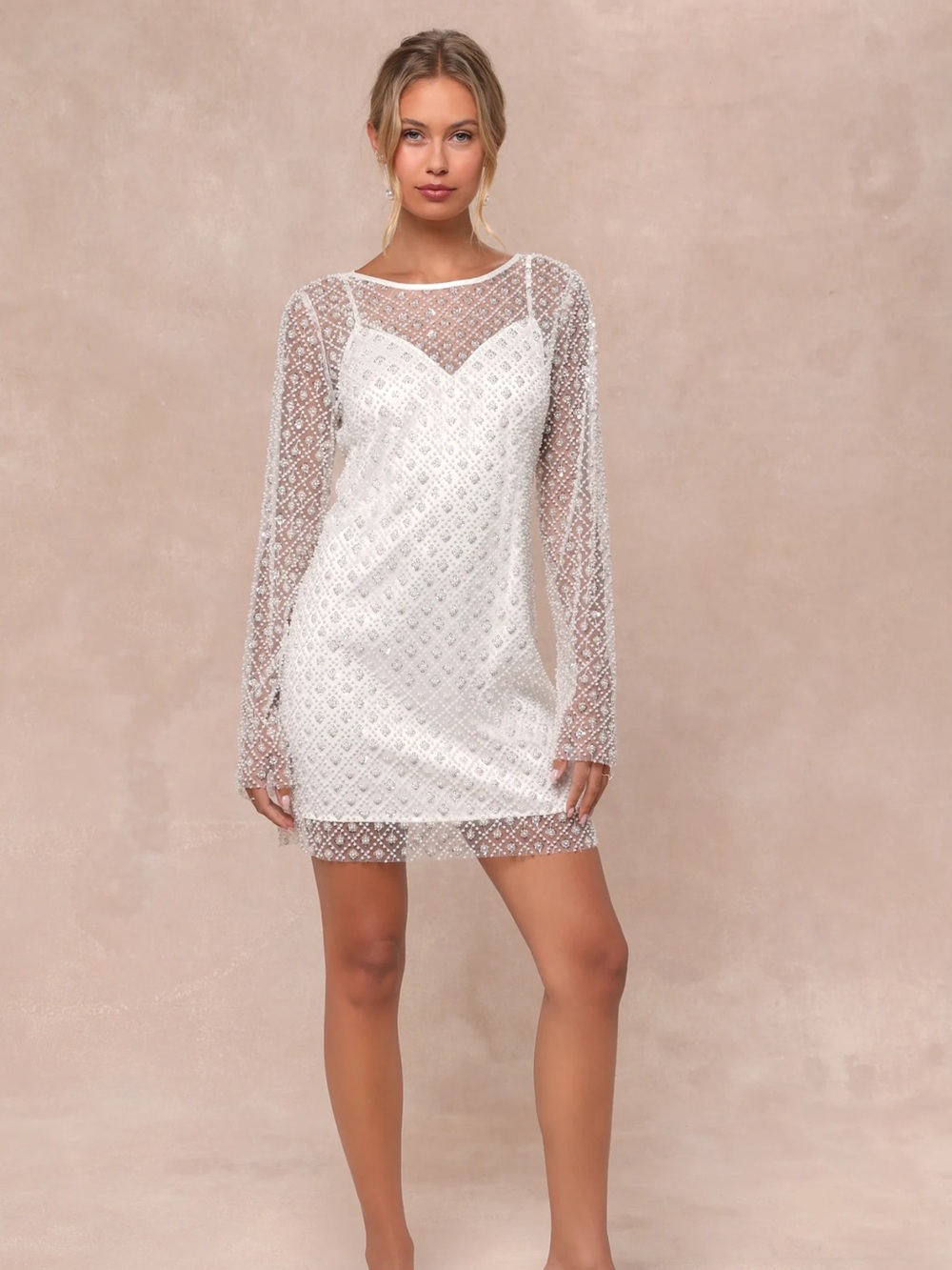 Glowing Charisma White Sequin Pearl Mesh Long Sleeve Mini Dress
